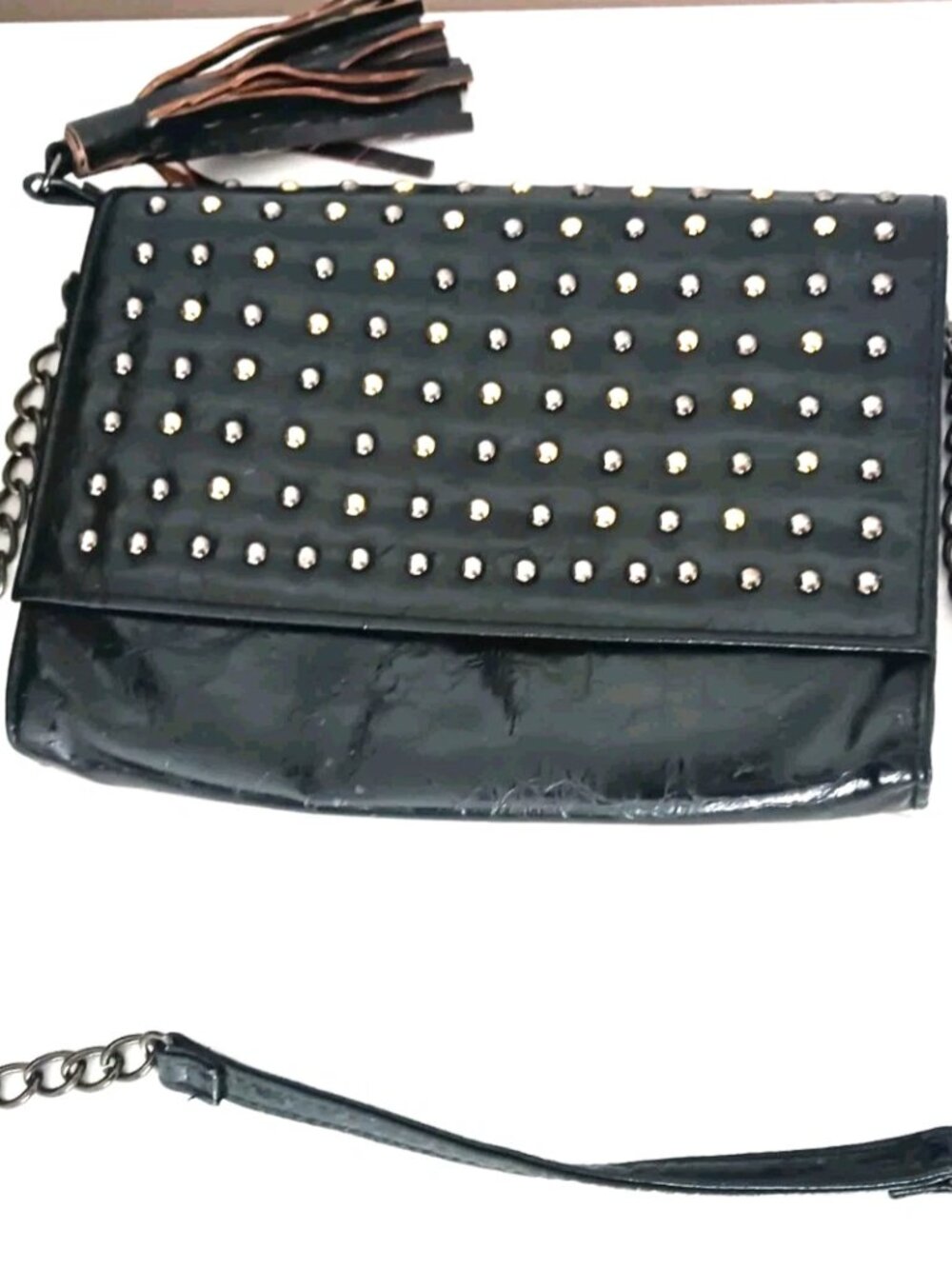 Gothic Multi Studded Black Crossbody Bag With Black Chain Faux Leather